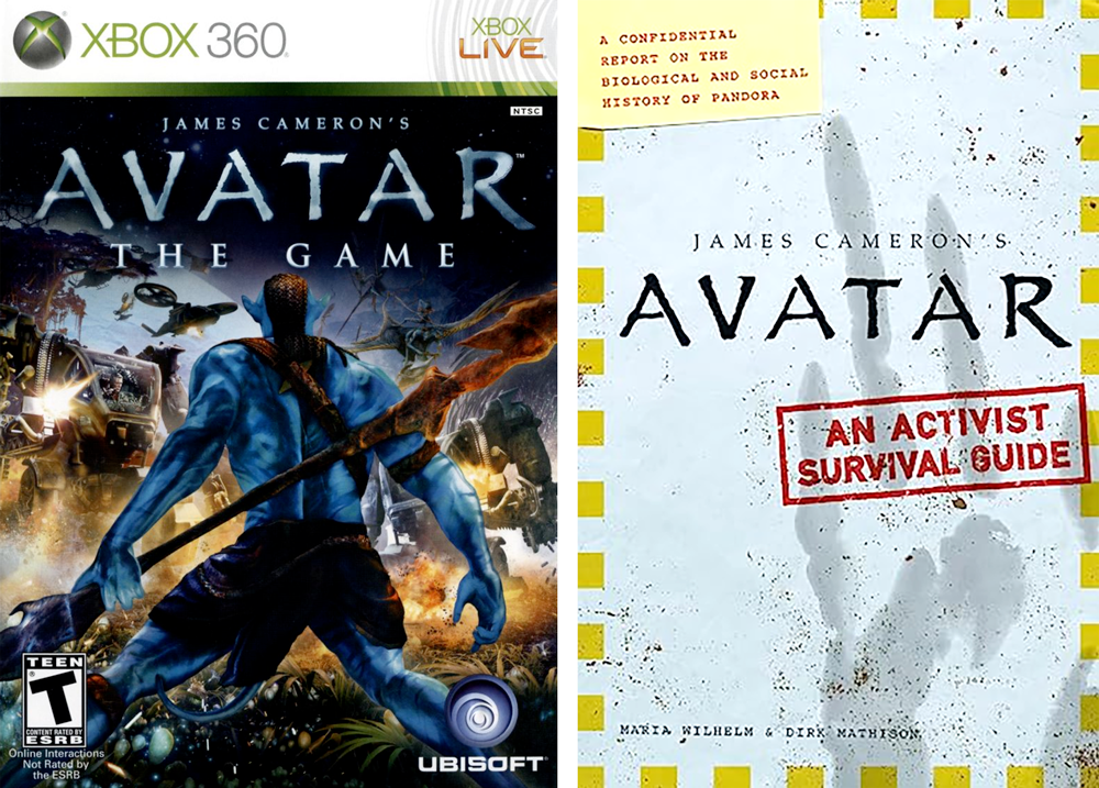 on the left is a cover to the Avatar video game. On the right is an Activist Survival Guide for the video game.
