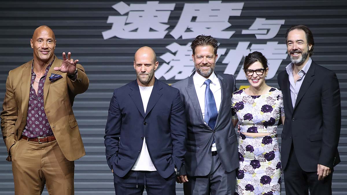 Producer Hiram Garcia, Dwayne Johnson, Jason Statham, director David Leitch, Kelly McCormick, and Morgan at a press conference in China