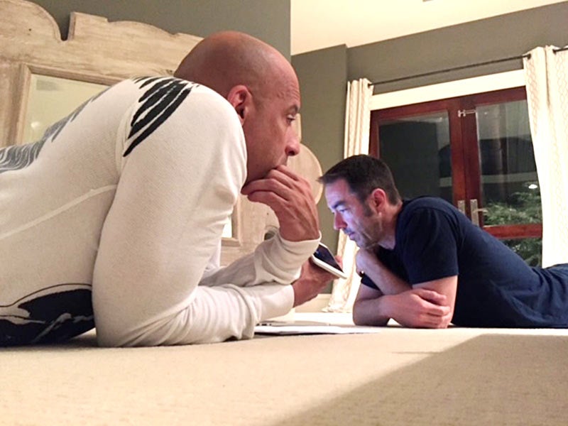 Chris Morgan working on a script with Vin Diesel. Chris Morgan working on a script with Vin Diesel.