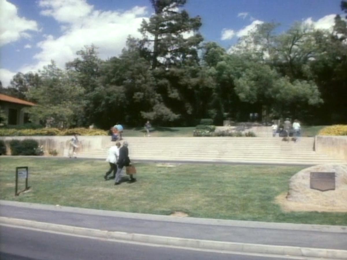 Still from the movie 'Cannibal Women in the Avocado Jungle of Death', showing students walking up the stairs near Anderson Hall.