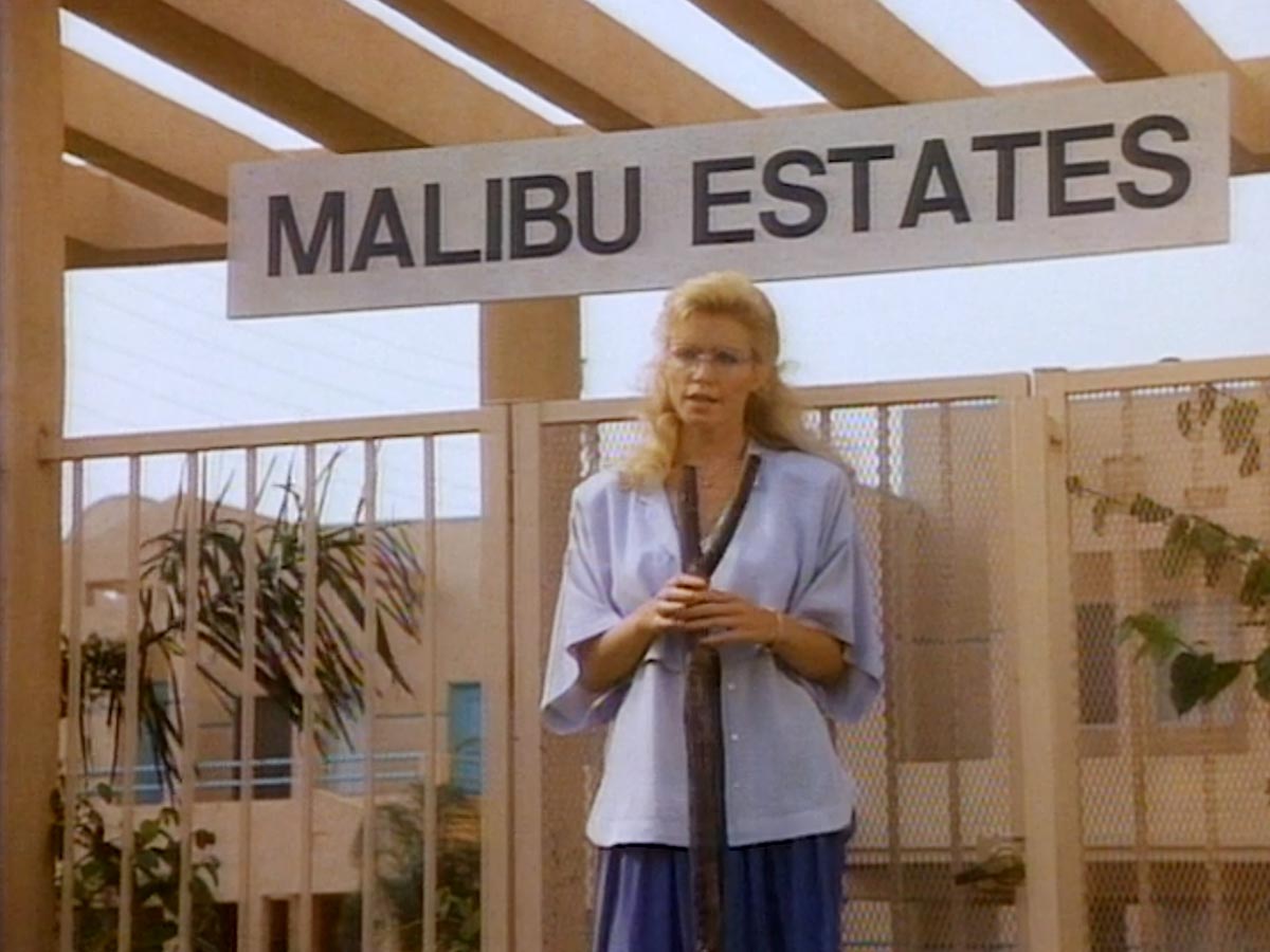 Still from the movie 'Cannibal Women in the Avocado Jungle of Death', with Dr. Hunt in front of the Malibu Estates.