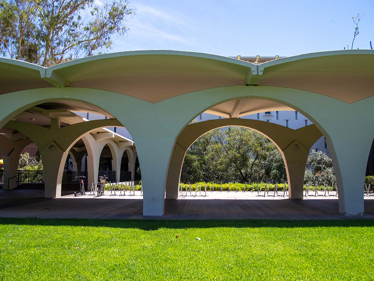 View of the front of the Rivera Library and its arches.