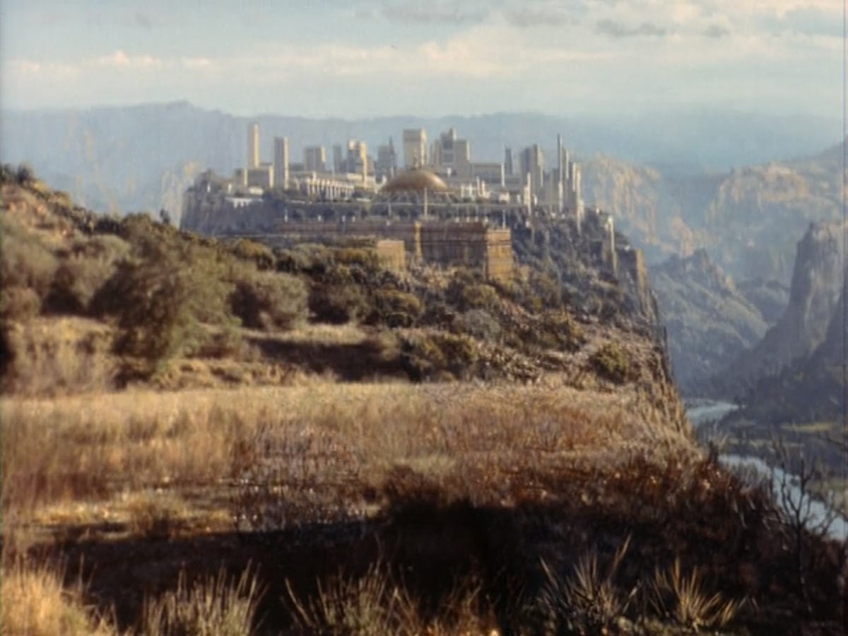 Still from the movie 'Genesis II', showing a distance shot of Tyrania.