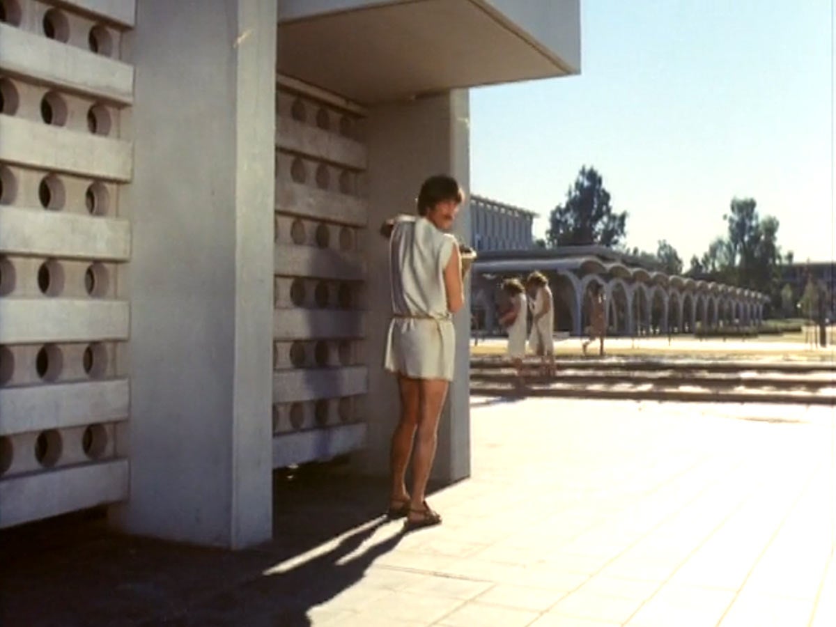 Still from the movie 'Genesis II', showing Hunt walking around the Bell Tower.