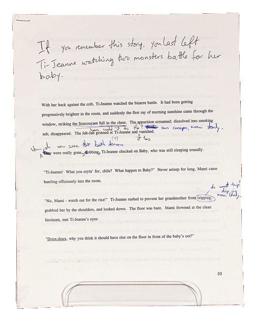 Manuscript page from "Brown Girl in the Ring" by Nalo Hopkinson.