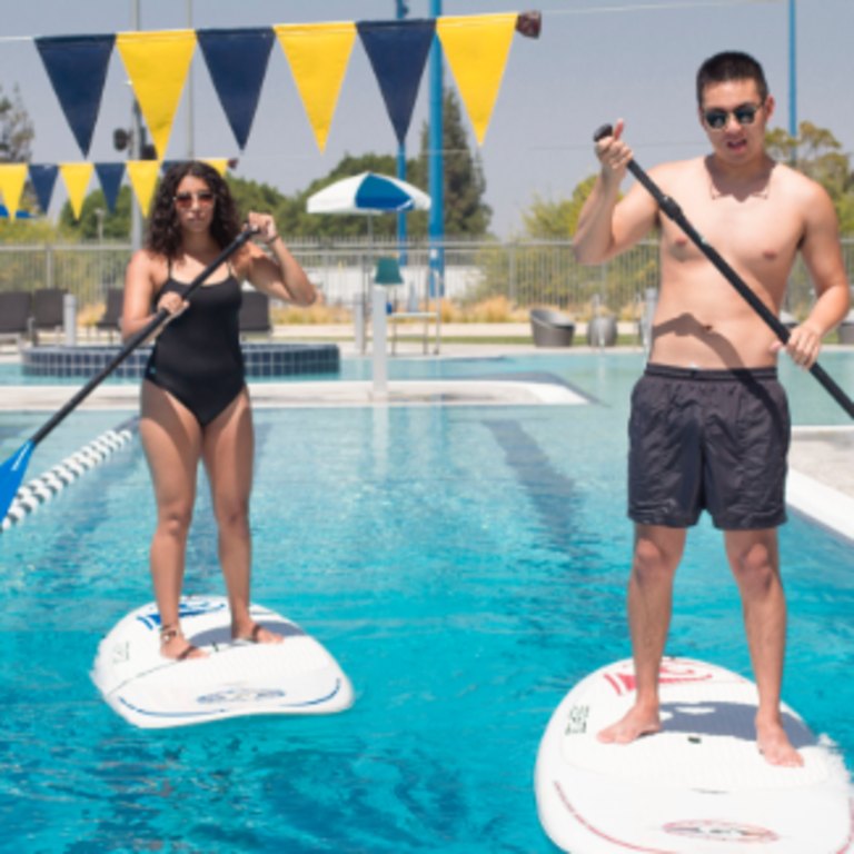 students on stand up paddle boards in pool
