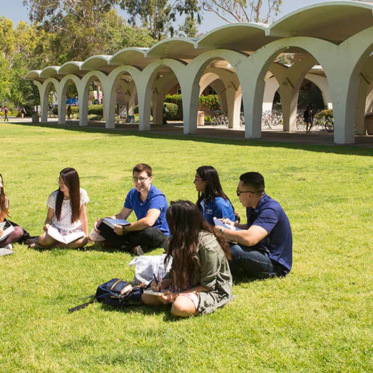 students on lawn outside rivera library arches