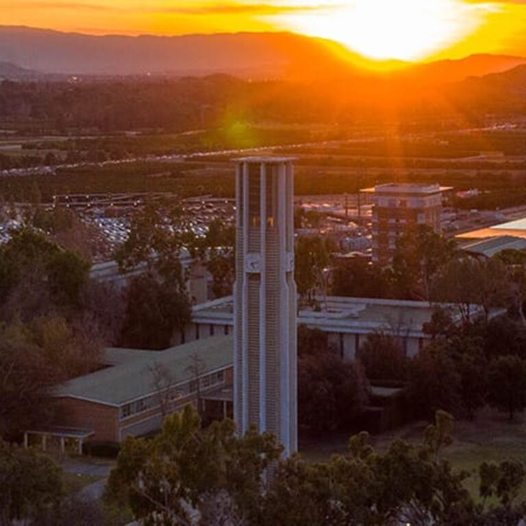 UC Riverside campus and bell tower at sunset