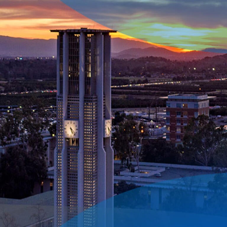 UC Riverside campus with view of bell tower at sunset