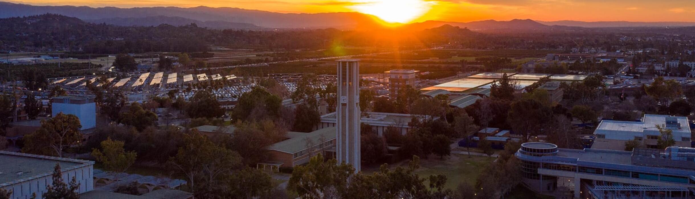 UC Riverside campus and bell tower at sunset