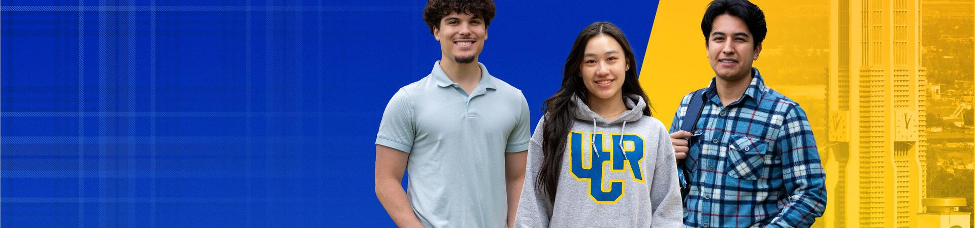 Group of UCR students in front of the bell tower and tartan pattern backdrop