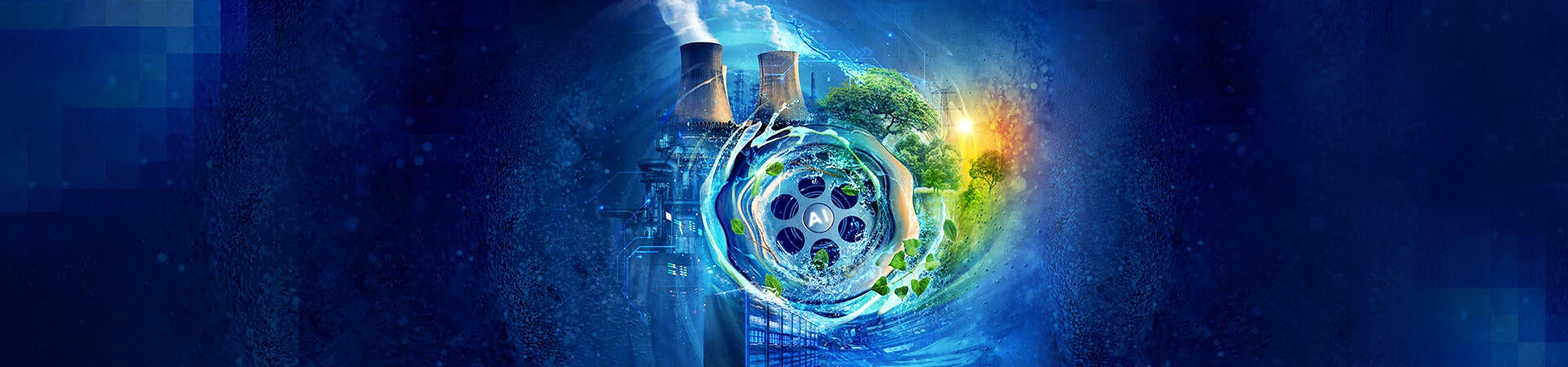 A vortex featuring an 'AI' logo is central, surrounded by industrial cooling towers, green trees, and water.