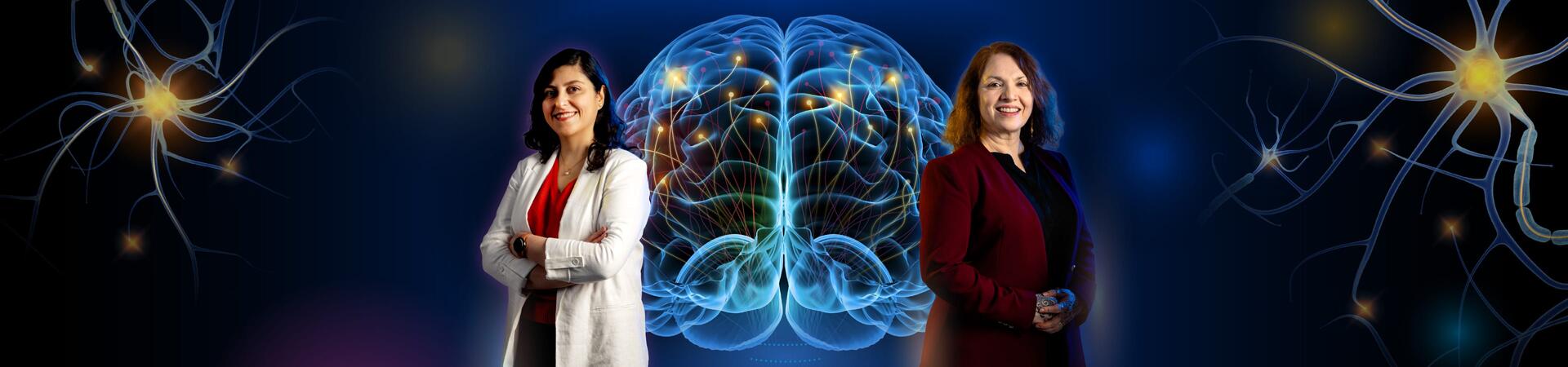  Two UC Riverside researchers, Dr. Mahsa Khayat-Khoei and Seema Tiwari-Woodruff standing with brain illustration behind them.